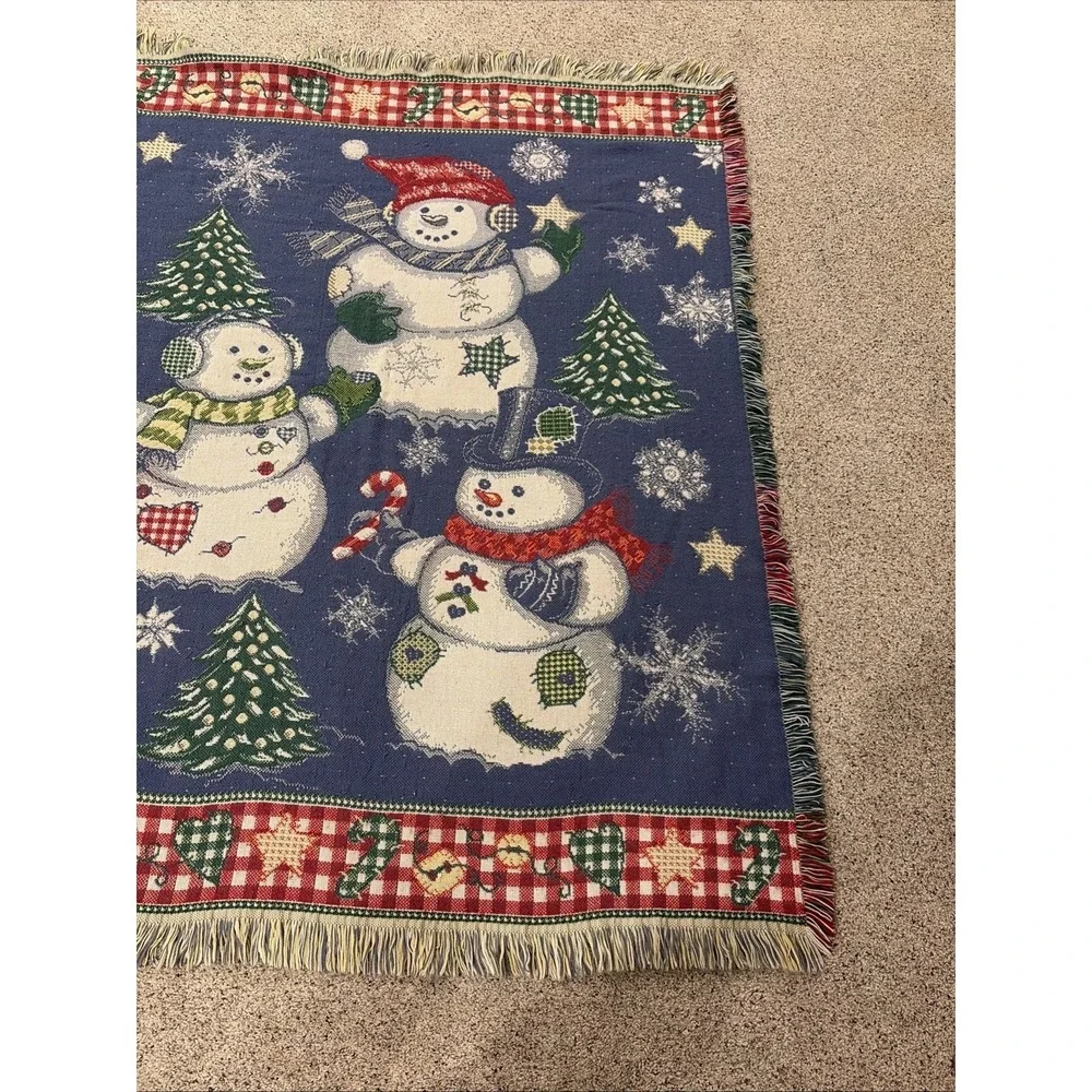 Snowman Christmas Holiday Tapestry Throw Blanket Snow Trumpet Pine Tree 48